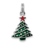 Sterling Silver Rhodium-plated Green and Red Enameled Christmas Tree Charm