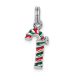 Sterling Silver Rhodium-plated Red and Green Enameled 3-D Candy Cane Charm