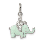 Sterling Silver Rhodium-plated Green Enameled CZ Elephant Charm with Lobster Clasp