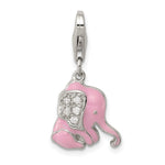 Sterling Silver Rhodium-plated Pink Enameled CZ Elephant Charm with Lobster Clasp