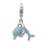Sterling Silver Rhodium-plated Blue and White Enameled with CZ Dolphin with Lobster Clasp Charm