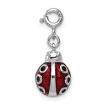 Sterling Silver Rhodium-plated Red and Black Enameled Ladybug with Spring Ring Clasp Charm