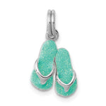 Sterling Silver Rhodium-plated Green Glitter Enamel Flip-Flops Charm