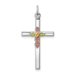 Sterling Silver Platinum-plated and Gold-plated Polished Epoxy Heart and Leaves Cross Pendant