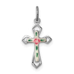 Sterling Silver Platinum-plated Multi-color Enameled Floral Design Cross Pendant