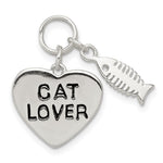 Sterling Silver Polished CAT LOVER Heart with Fish Bones Pendant