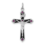 Sterling Silver Platinum-plated Black Epoxy and Purple CZ INRI Crucifix Pendant