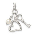 Sterling Silver Polished Key and Heart with Simulated Pearl Charm