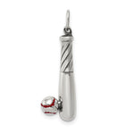 Sterling Silver Polished and Antiqued Red Enameled Baseball and Bat Charm