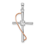 Sterling Silver Rhodium-plated and Rose-tone Polished CZ Center Cross Pendant