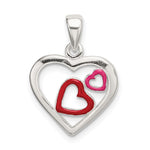 Sterling Silver Polished Red and Pink Enameled Hearts in Heart Pendant