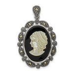 Sterling Silver Antiqued Marcasite/Black Agate/White Mother of Pearl Cameo Pendant