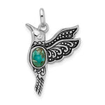 Sterling Silver Rhodium-plated Antiqued Reconstructed Turquoise and CZ Hummingbird Pendant