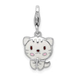Sterling Silver Rhodium-plated White and Pink Enameled Kitten with Lobster Clasp Charm