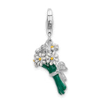 Amore La Vita Sterling Silver Rhodium-plated Polished 3-D Enameled Bouquet of Daisies Charm with Fancy Lobster Clasp