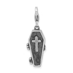 Amore La Vita Sterling Silver Rhodium-plated Polished 3-D Moveable Antiqued Enameled Casket with Skeleton Inside Charm with Fancy Lobster Clasp