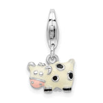 Amore La Vita Sterling Silver Rhodium-plated Polished 3-D Enameled Cow Charm with Fancy Lobster Clasp