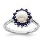 Sterling Silver Rhod FW Cultured Button Pearl & Sapphire Ring