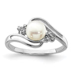 Sterling Silver Rhodium FW Cultured Button Pearl & Diamond Ring