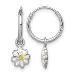 Sterling Silver Rhodium-plated Polished Yellow & White Enameled Daisy Dangle Flower Round Hoop Earrings
