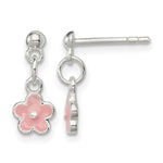 Sterling Silver Polished Pink Enameled Flower Post Dangle Earrings