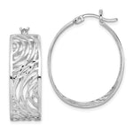Sterling Silver Rhodium-plated Oval Diamond-cut Fancy Hoop Earrings