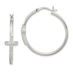 Sterling Silver Polished CZ Cross Round Hoop Earrings