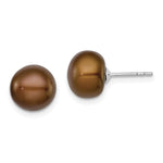Sterling Silver Rhodium-plated 9- Brown Button Freshwater Cultured Pearl Post Earrings