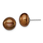 Sterling Silver Rhodium-plated 11- Brown Button Freshwater Cultured Pearl Post Earrings