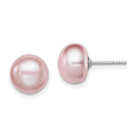 Sterling Silver Rhodium-plated 9- Purple Button Freshwater Cultured Pearl Post Earrings