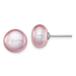 Sterling Silver Rhodium-plated 10- Purple Button Freshwater Cultured Pearl Post Earrings