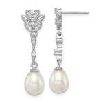 Sterling Silver Rhodium-plated 8- White Teardrop Freshwater Cultured Pearl and CZ Post Dangle Earrings