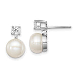 Sterling Silver Rhodium-plated 7- White Button Freshwater Cultured Pearl and CZ Post Earrings