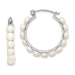 Sterling Silver Rhodium-plated 4- White Button Freshwater Cultured Pearl Hoop Earrings