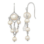 Sterling Silver Rhodium-plated Polished White 5- Freshwater Cultured Pearl and Crystal Dangle Earrings