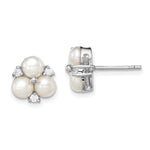 Sterling Silver Rhodium-plated 5- White Button Freshwater Cultured 3-Pearl and CZ Post Earrings