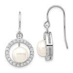 Sterling Silver Rhodium-plated 7- White Button Freshwater Cultured Pearl and CZ Dangle Earrings
