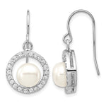 Sterling Silver Rhodium-plated 7- White Button Freshwater Cultured Pearl and CZ Dangle French Hook Earrings