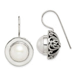 Sterling Silver Polished & Antiqued Fancy Filigree White 12- Freshwater Cultured Mabe Pearl Dangle Earrings
