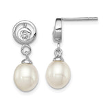 Sterling Silver Rhodium-plated 7- White Rice Freshwater Cultured Pearl and CZ Post Dangle Earrings