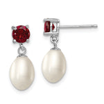 Sterling Silver Rhodium-plated 7- White Teardrop Freshwater Cultured Pearl and 1.26GA Garnet Post Dangle Earrings