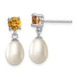 Sterling Silver Rhodium-plated 7- White Teardrop Freshwater Cultured Pearl and .94CI Citrine Post Dangle Earrings