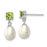 Sterling Silver Rhodium-plated 7- White Teardrop Freshwater Cultured Pearl and 1.12PE Peridot Post Dangle Earrings