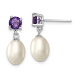 Sterling Silver Rhodium-plated 7- White Teardrop Freshwater Cultured Pearl and .84AM Amethyst Post Dangle Earrings