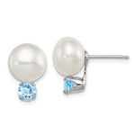 Sterling Silver Rhod-pltd 10- FWC Button Pearl Blue Topaz Earrings