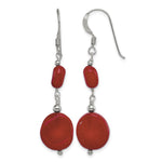Sterling Silver Polished Round Red Coral Dangle French Hook Earrings
