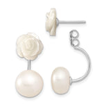 Sterling Silver Rhodium-plated 8- White Button Freshwater Cultured Pearl and Mother Flower Front and Back Post Earrings