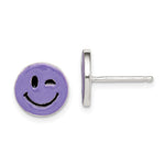Sterling Silver Purple Enamel Winking Smiley Face Post Earrings