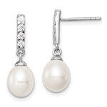 Sterling Silver Rhodium-plated 8- White Teardrop Freshwater Cultured Pearl and CZ Post Earrings