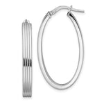 Sterling Silver Rhod-plated Polished & Striped Oval Hoop Earrings